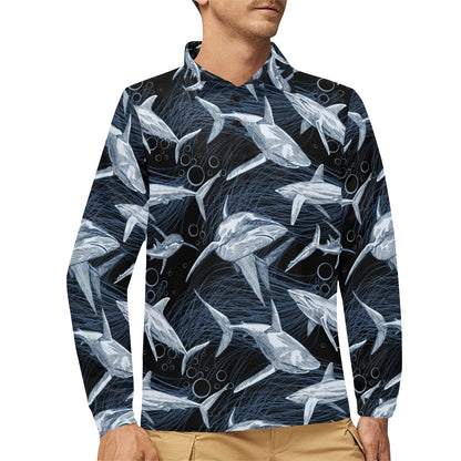 Shark Print Pattern Long Sleeve Polo Shirt For Men's