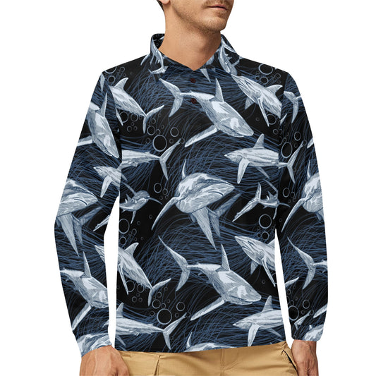 Shark Print Pattern Long Sleeve Polo Shirt For Men's