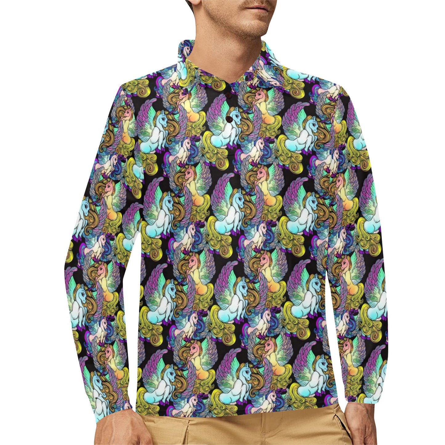 Unicorn With Wings Print Pattern Long Sleeve Polo Shirt For Men's