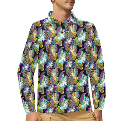 Unicorn With Wings Print Pattern Long Sleeve Polo Shirt For Men's