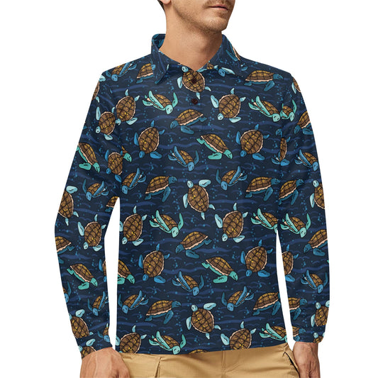 Sea Turtle Print Design LKS3011 Long Sleeve Polo Shirt For Men's