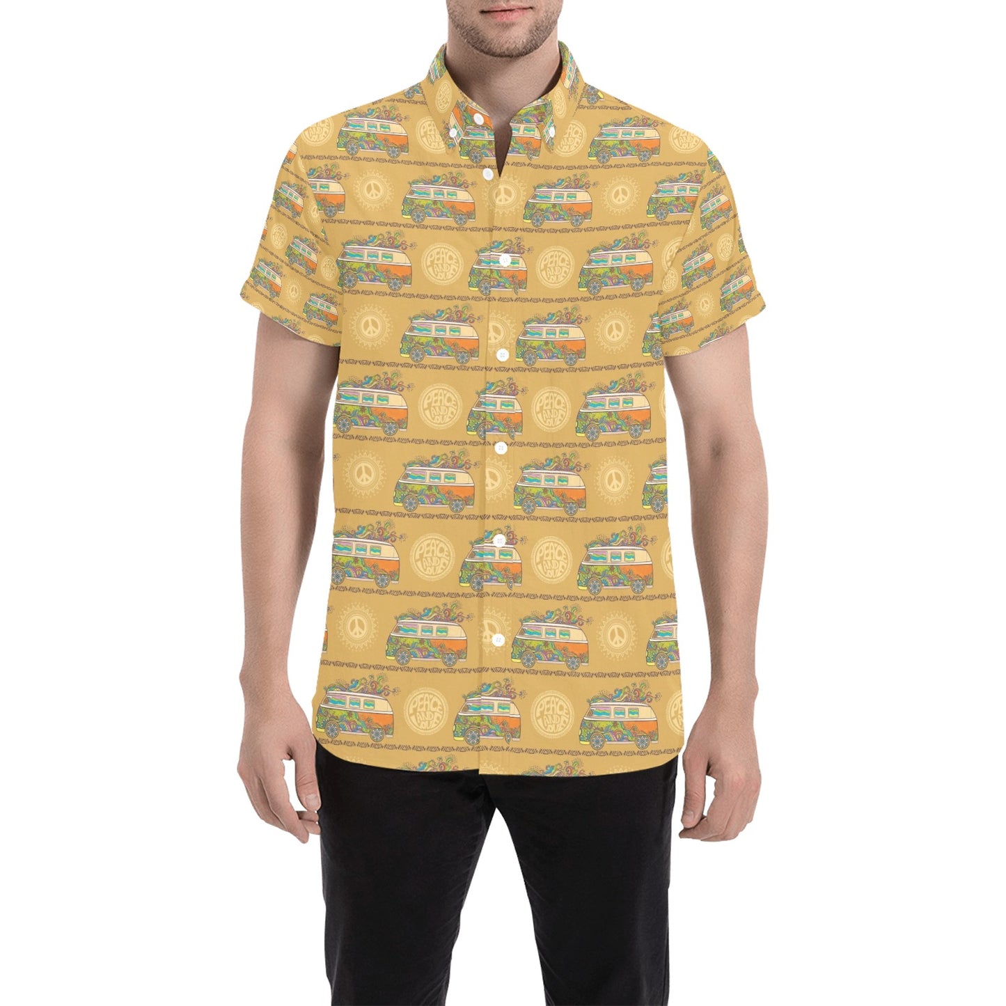 Hippie Van Print Design LKS304 Men Short Sleeve Button Up Shirt