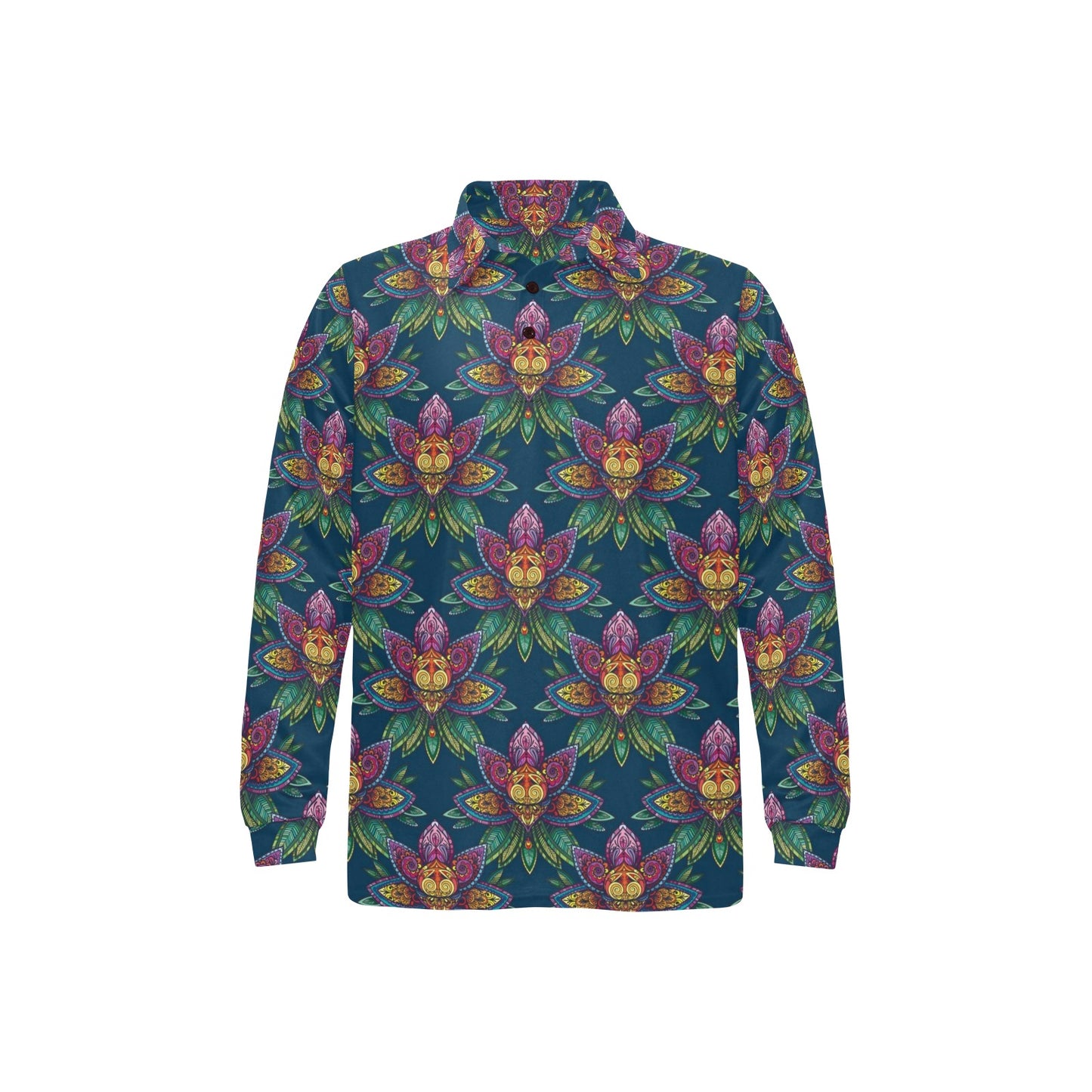 lotus Boho Pattern Print Design LO04 Long Sleeve Polo Shirt For Men's