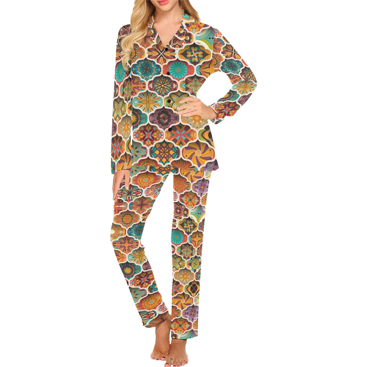 Mandala Mosaic Themed Design Print Women's Long Pajama Set