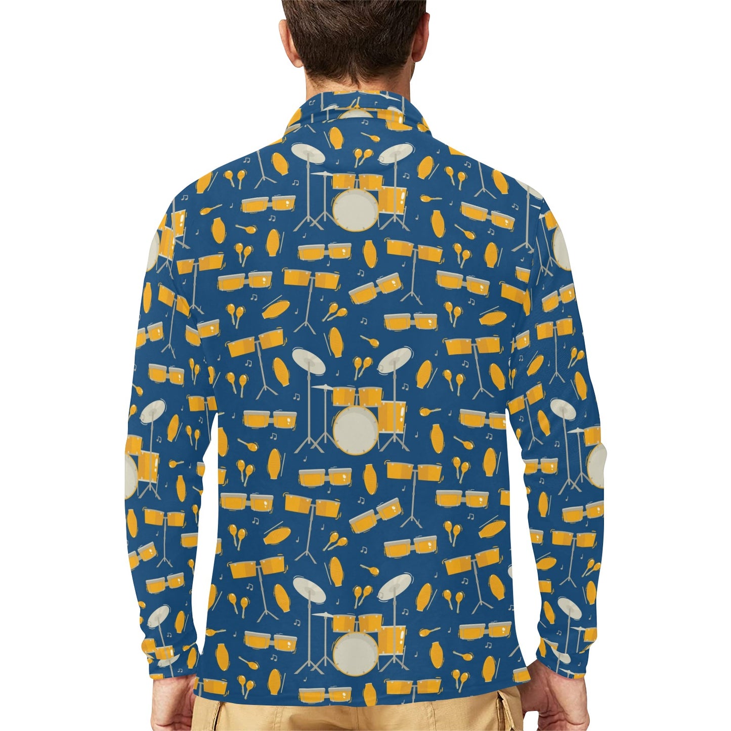 Drum Set Pattern Print Design 03 Long Sleeve Polo Shirt For Men's