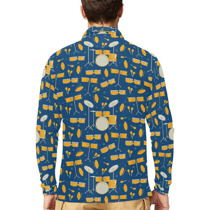 Drum Set Pattern Print Design 03 Long Sleeve Polo Shirt For Men's