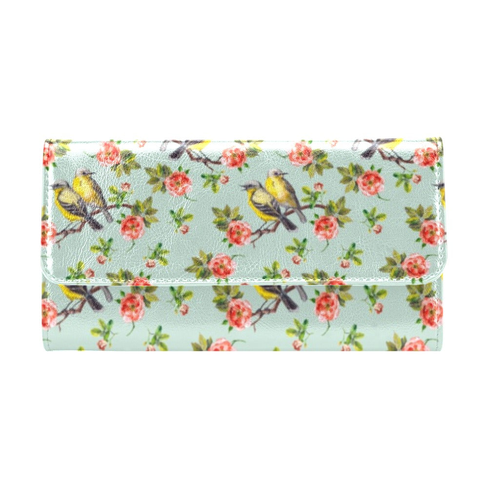 Bird with Red Flower Print Pattern Women's Trifold Wallet