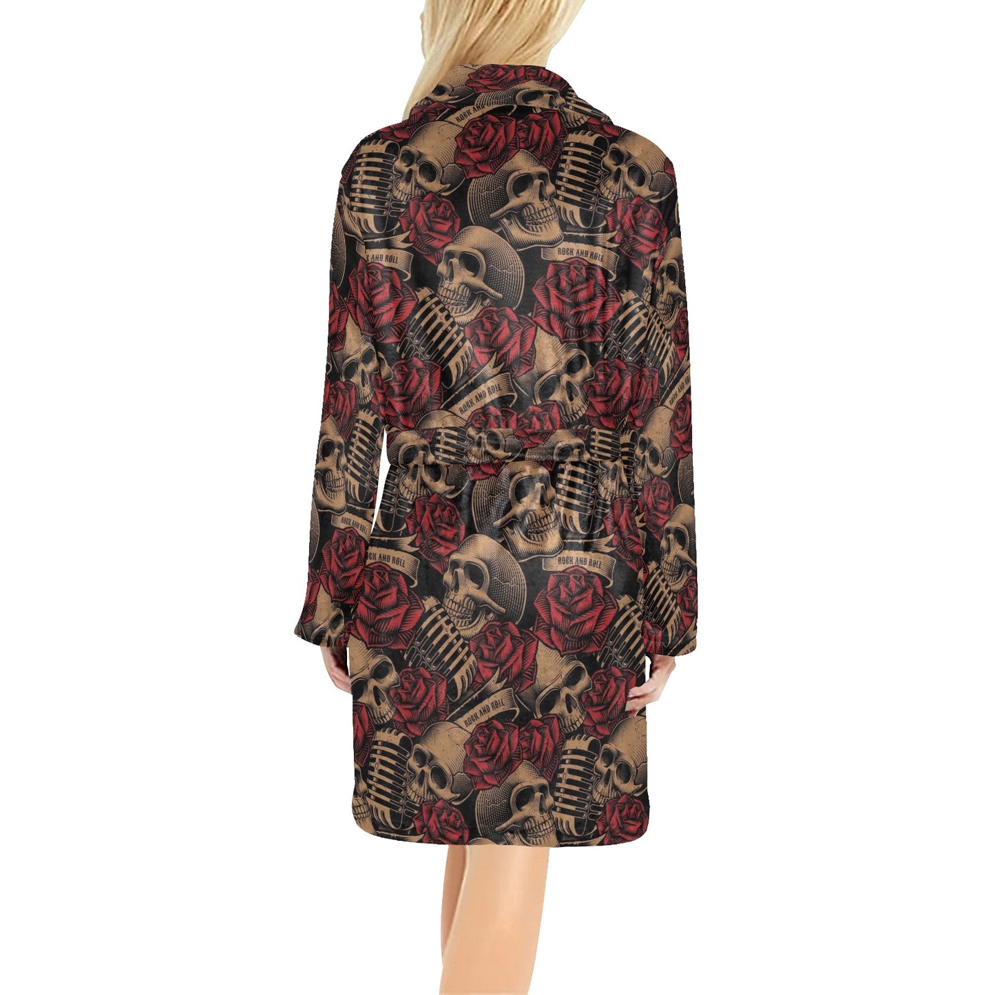 Microphone Skull Rose Pattern Print Design 02 Women's Fleece Robe
