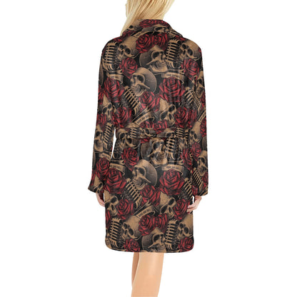 Microphone Skull Rose Pattern Print Design 02 Women's Fleece Robe