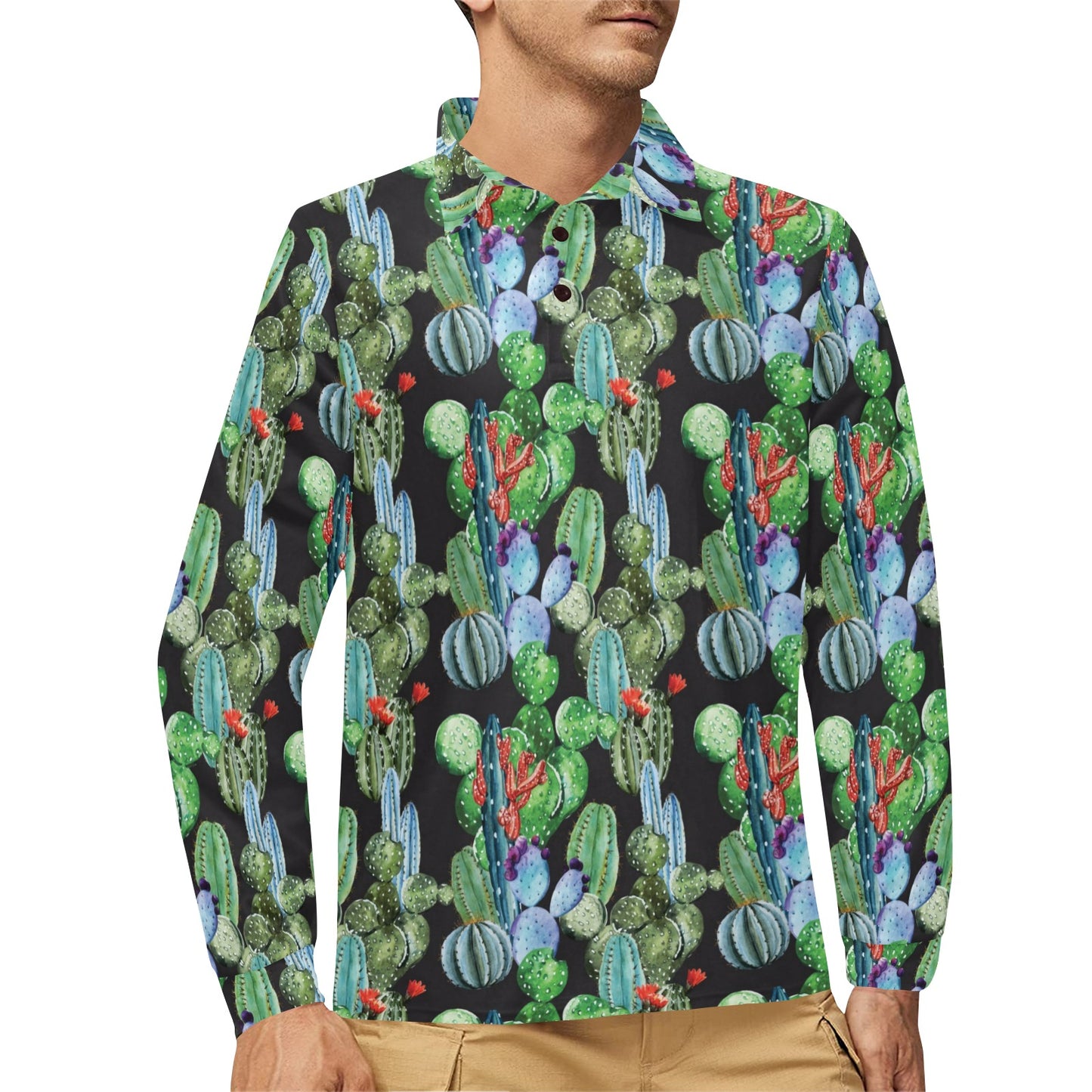 Cactus Watercolor Style Print Long Sleeve Polo Shirt For Men's