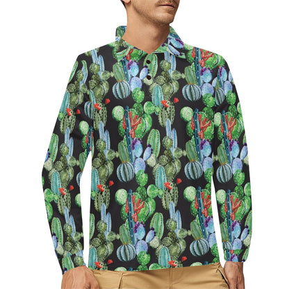 Cactus Watercolor Style Print Long Sleeve Polo Shirt For Men's