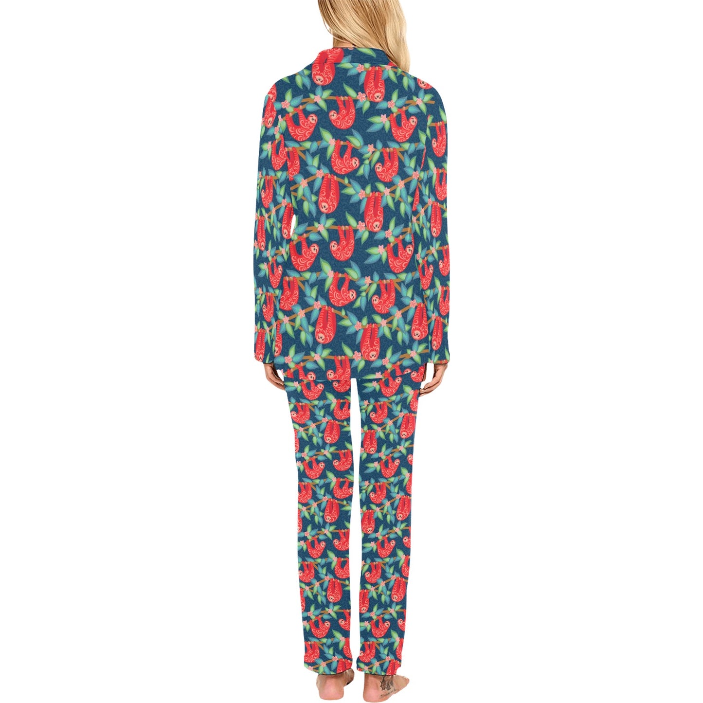 Sloth Red Design Themed Print Women's Long Pajama Set