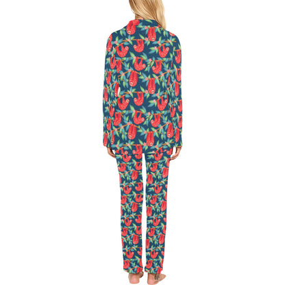 Sloth Red Design Themed Print Women's Long Pajama Set