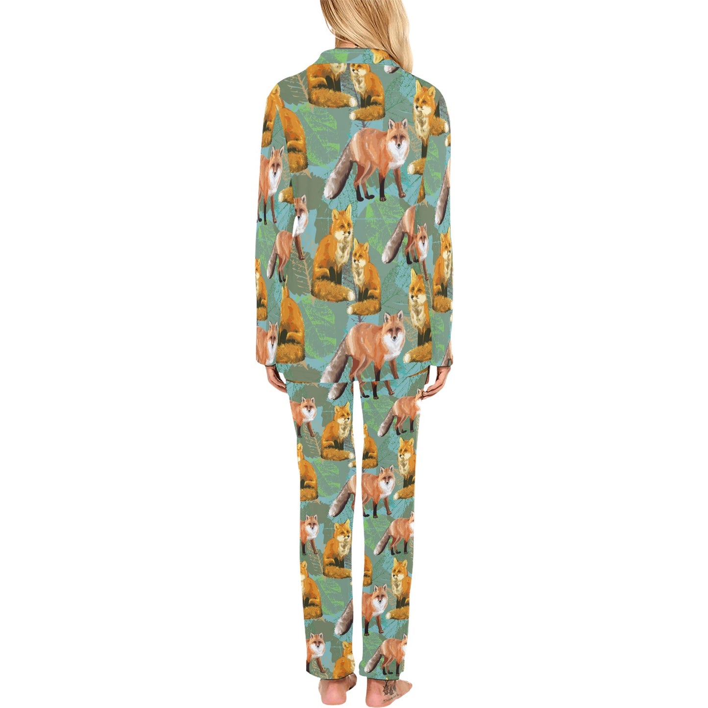 Fox Autumn leaves Themed Women's Long Pajama Set