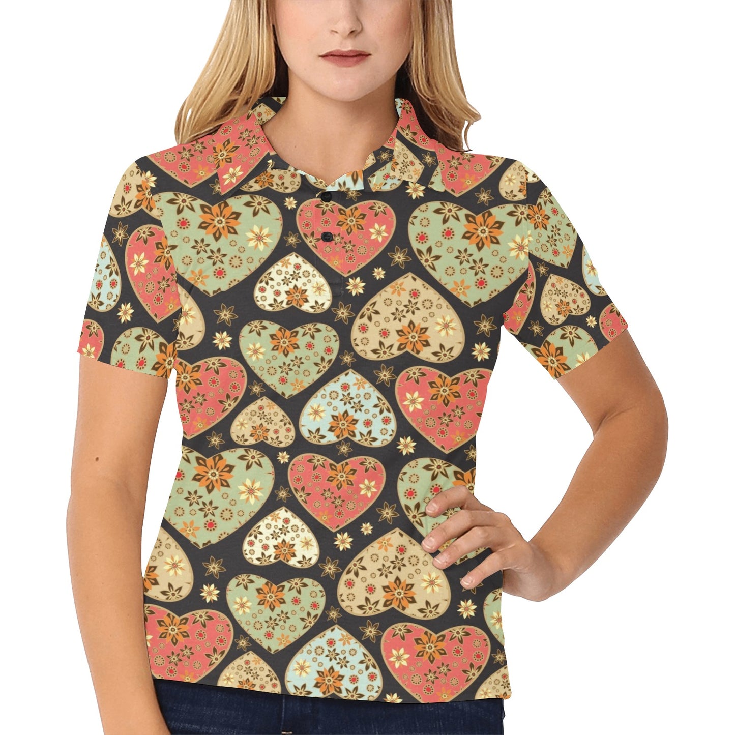 Heart Boho Pattern Print Design HE04 Women's Polo Shirt