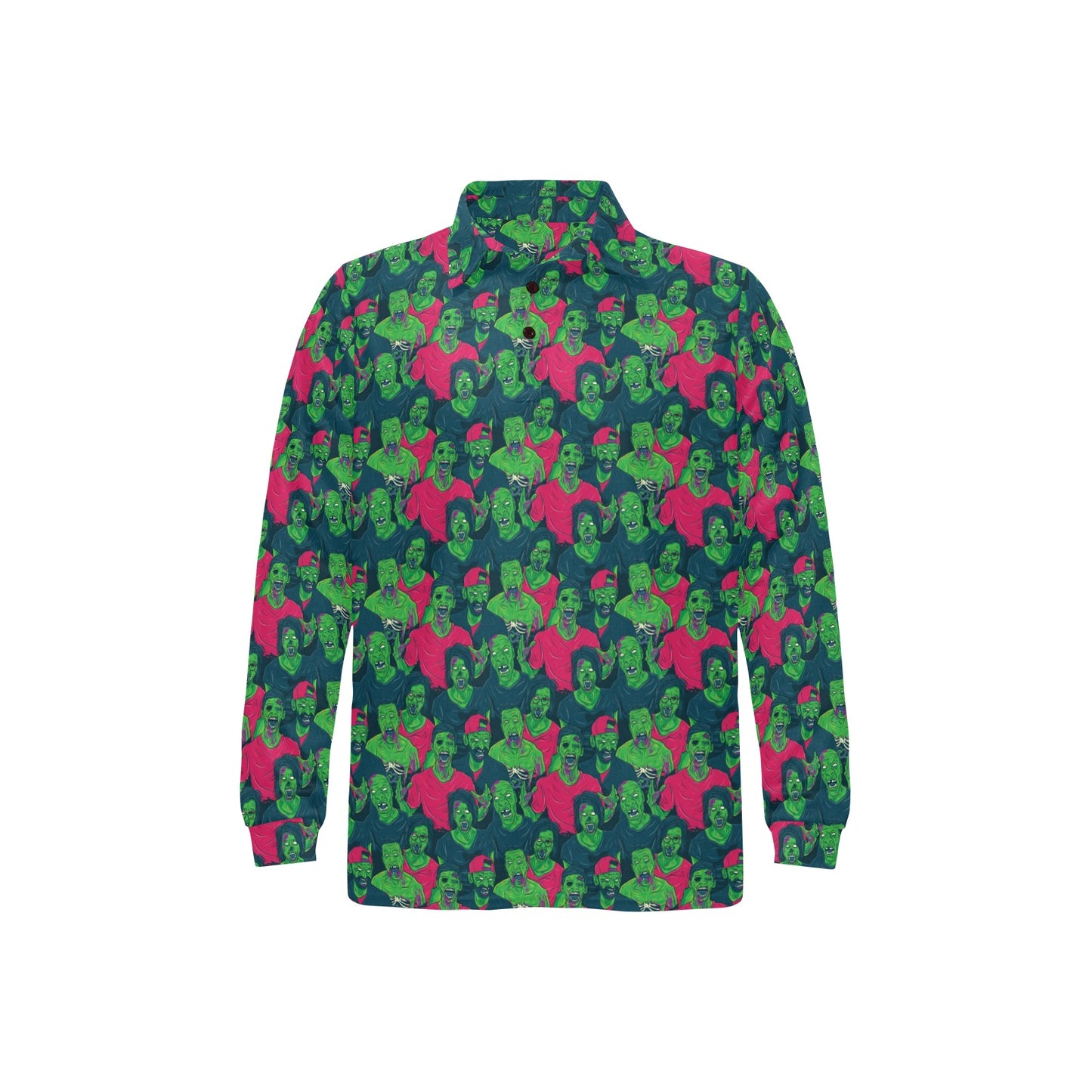 Zombie Themed Design Pattern Print Long Sleeve Polo Shirt For Men's