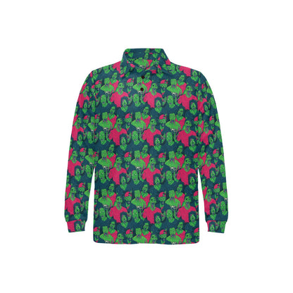 Zombie Themed Design Pattern Print Long Sleeve Polo Shirt For Men's