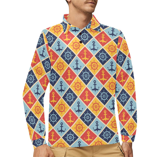 Nautical Pattern Design Themed Print Long Sleeve Polo Shirt For Men's