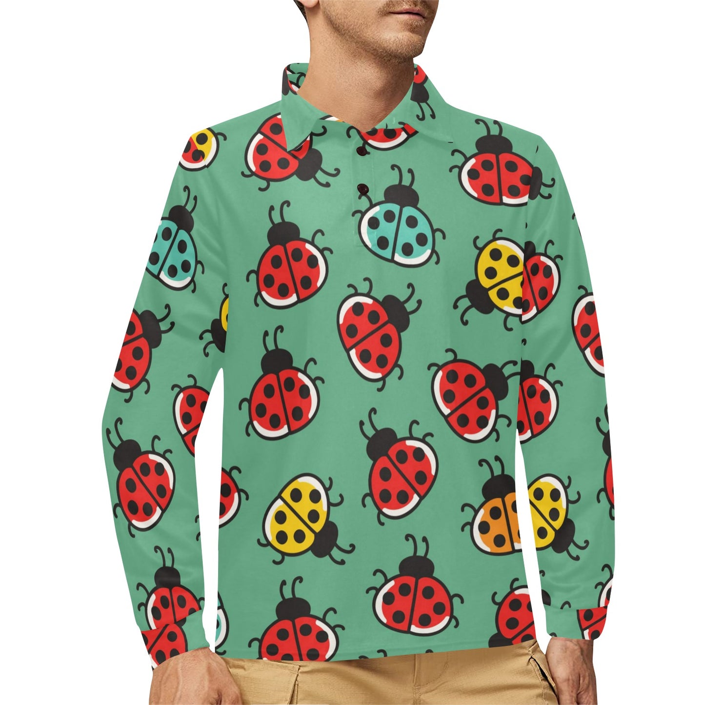 Ladybug Pattern Print Design 02 Long Sleeve Polo Shirt For Men's