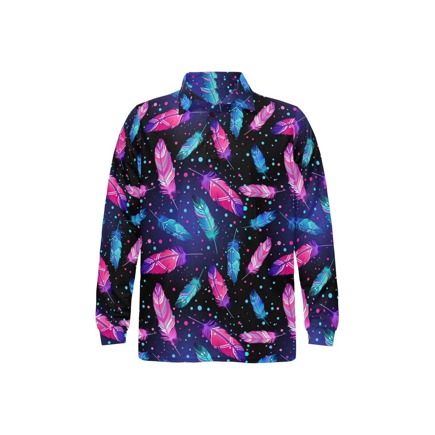 Feather Colorful Boho Design Print Long Sleeve Polo Shirt For Men's