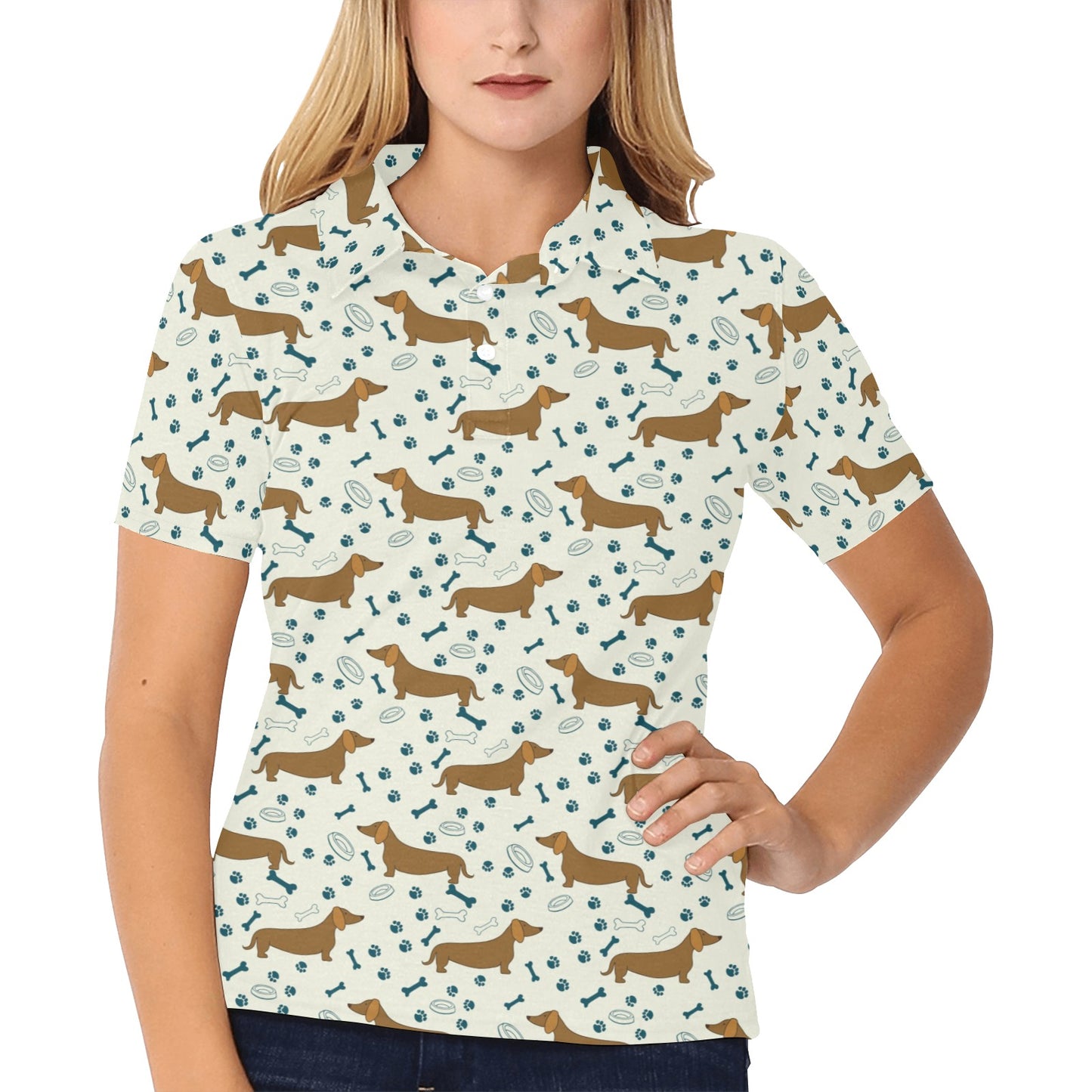 Dachshund Pattern Print Design 01 Women's Polo Shirt