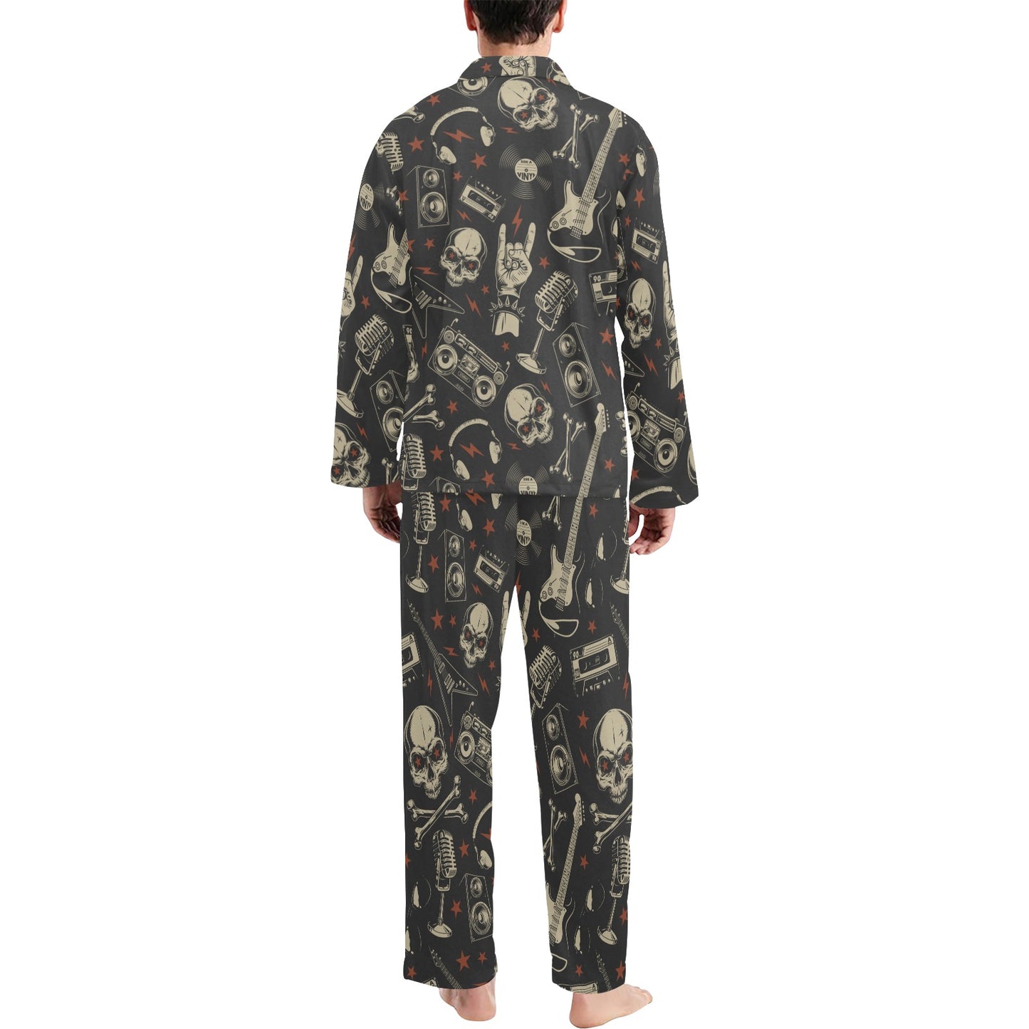 Rock and Roll Skull Pattern Print Design A03 Men's Long Pajama Set