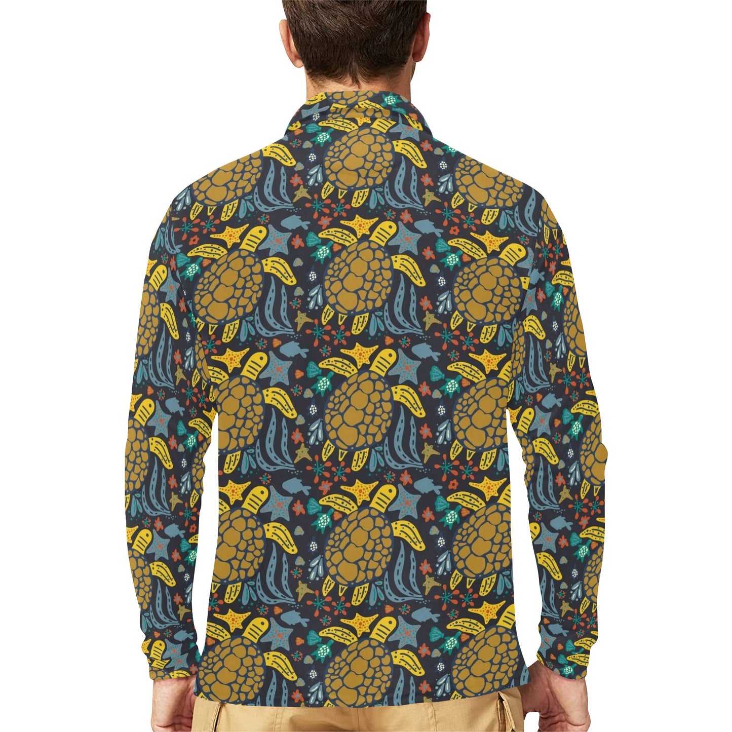 Sea Turtle Pattern Print Design T03 Long Sleeve Polo Shirt For Men's