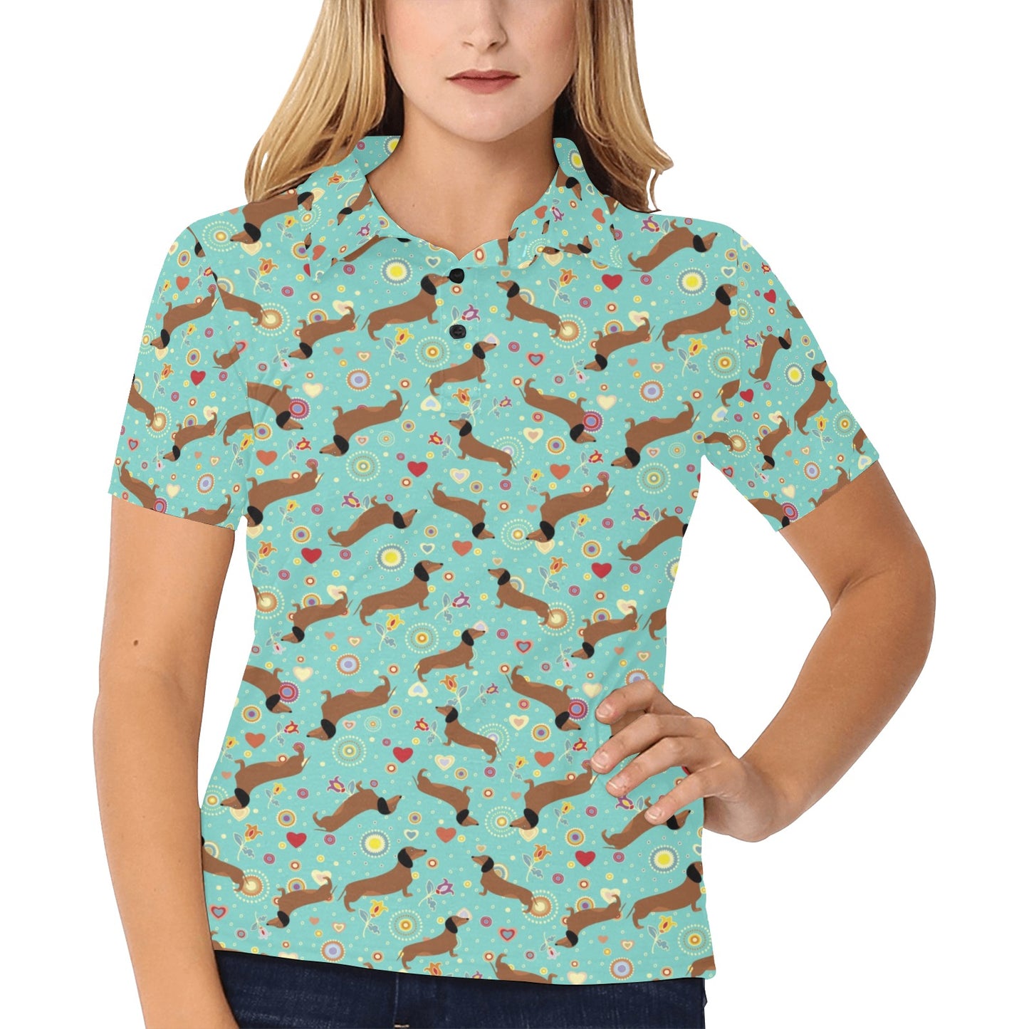 Dachshund with Floral Print Pattern Women's Polo Shirt
