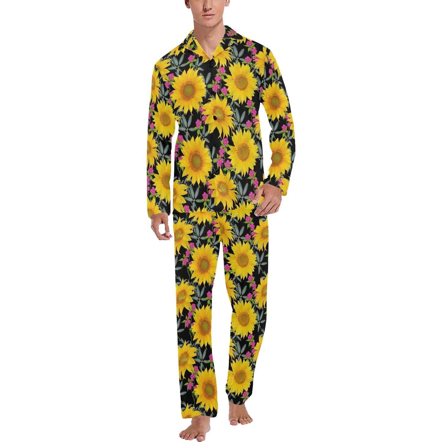 Sunflower Pattern Print Design SF014 Men's Long Pajama Set