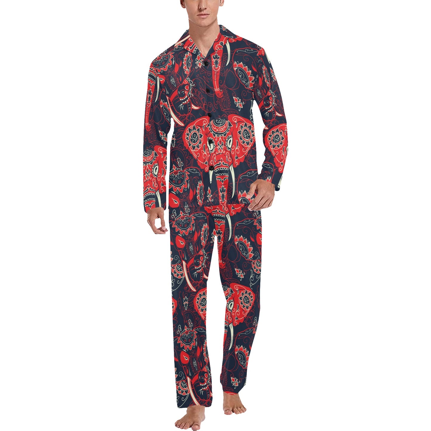 Red Indian Elephant Pattern Men's Long Pajama Set