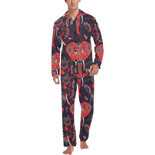 Red Indian Elephant Pattern Men's Long Pajama Set