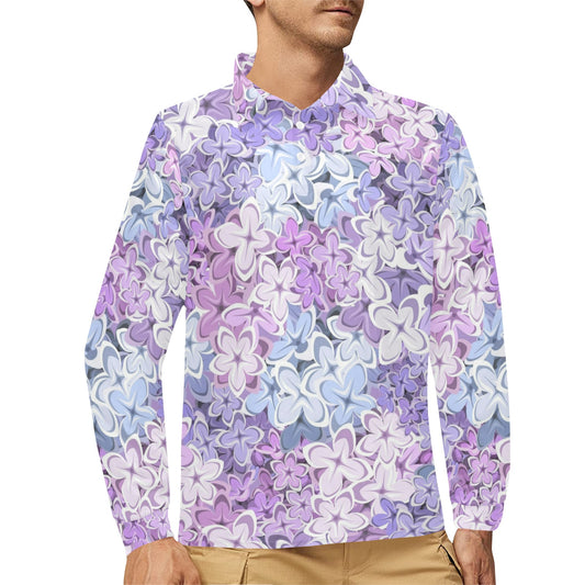 Lilac Pattern Print Design LI01 Long Sleeve Polo Shirt For Men's