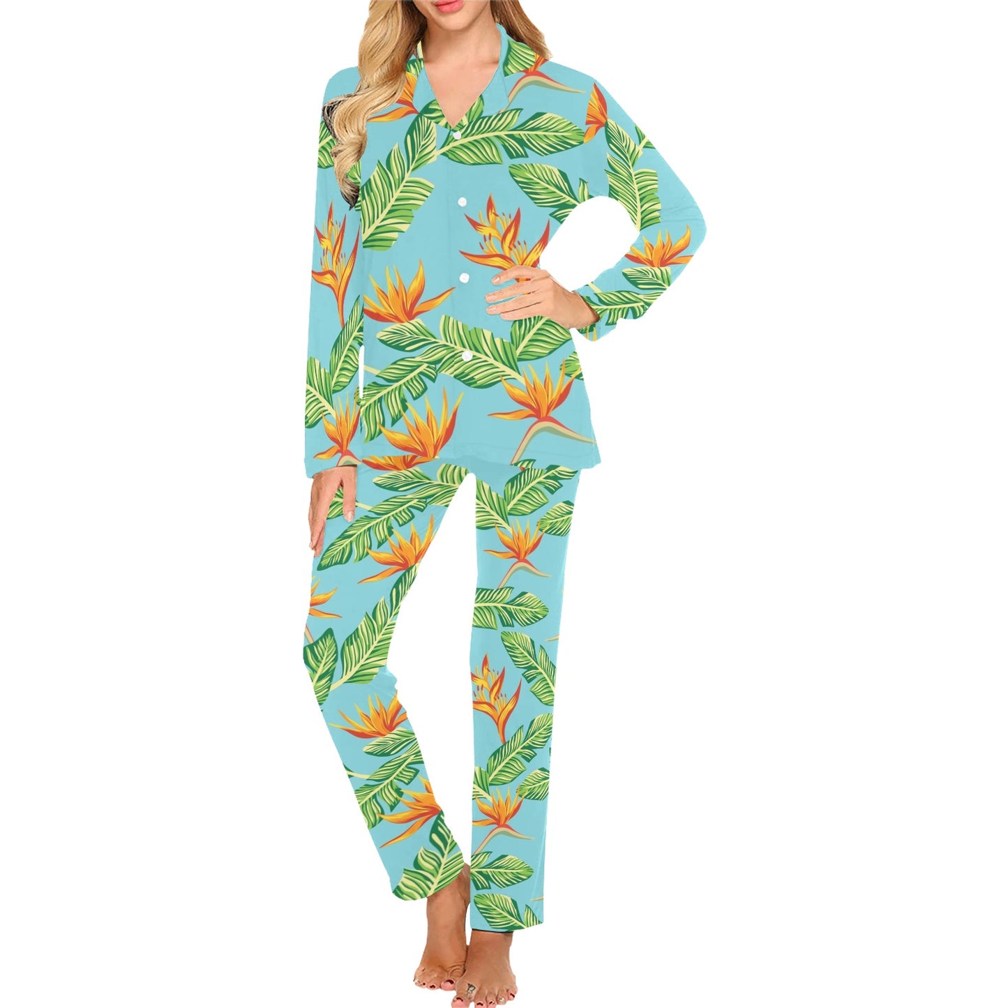 Bird Of Paradise Pattern Print Design BOP04 Women's Long Pajama Set