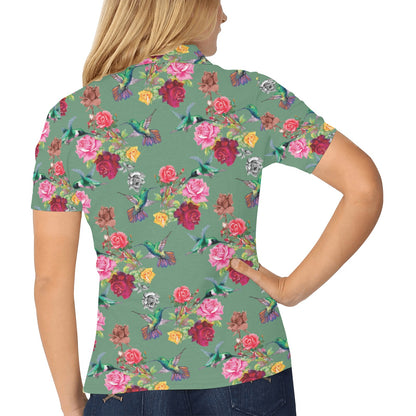 Hummingbird with Rose Themed Print Women's Polo Shirt