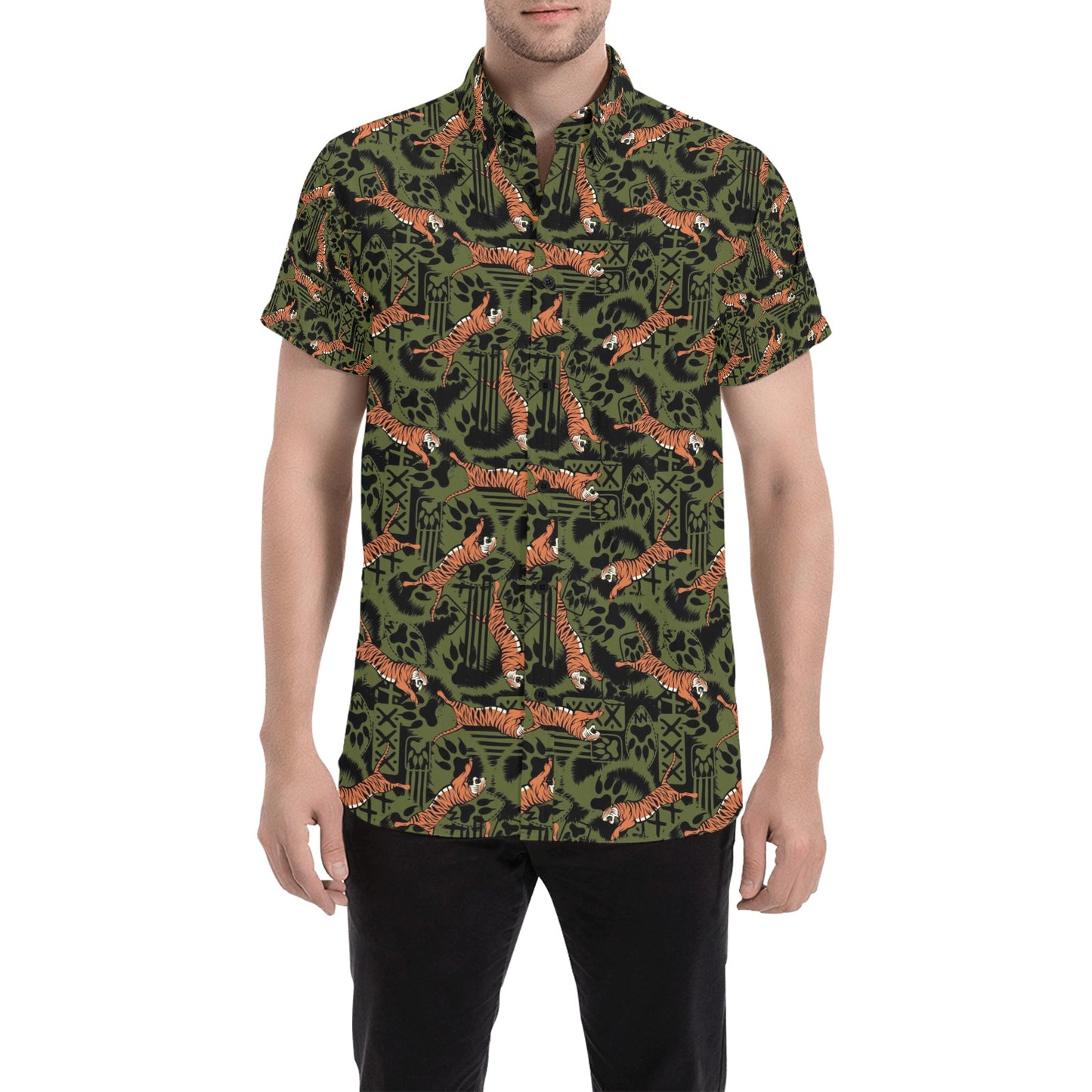 Tiger Pattern Print Design LKS303 Men Short Sleeve Button Up Shirt