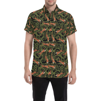 Tiger Pattern Print Design LKS303 Men Short Sleeve Button Up Shirt