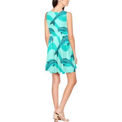 Dolphin Wave Print Sleeveless Dress
