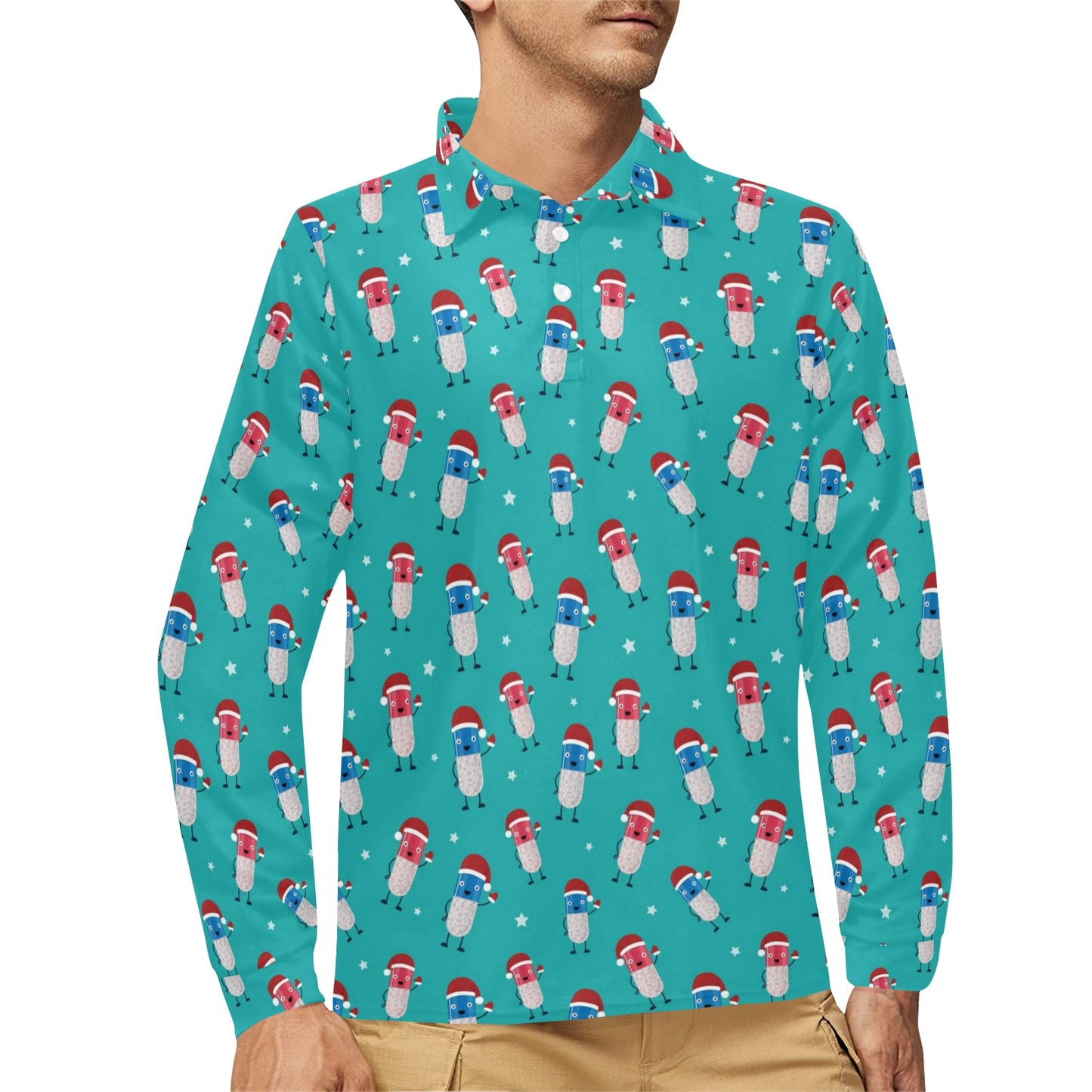 Pill Pattern Print Design A03 Long Sleeve Polo Shirt For Men's
