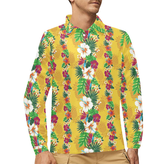 Hawaiian Themed Pattern Print Design H09 Long Sleeve Polo Shirt For Men's