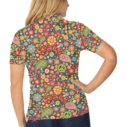 Flower Power Peace Paisley Themed Print Women's Polo Shirt