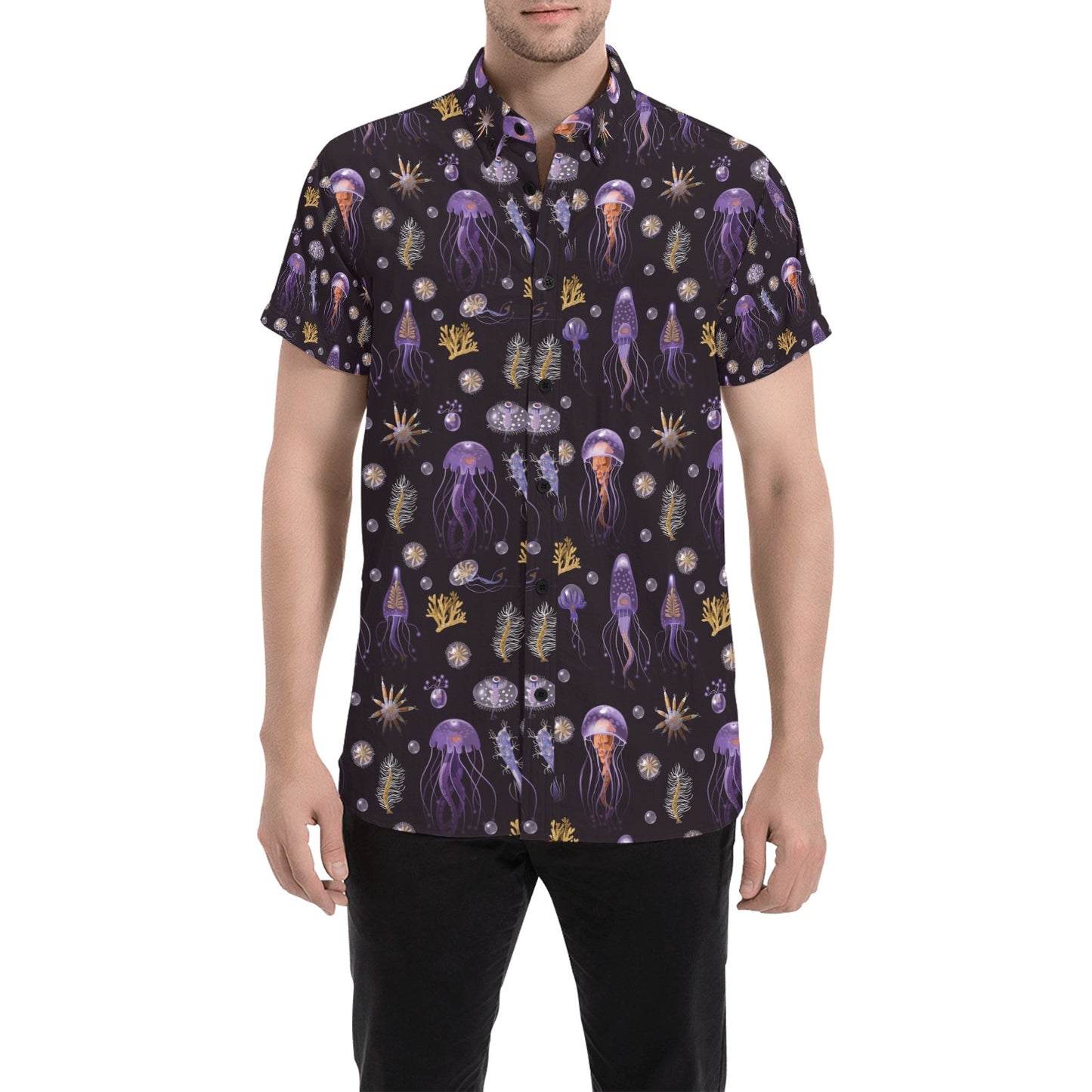 Seaweed With Jelly Fish Print Design LKS305 Men Short Sleeve Button Up Shirt