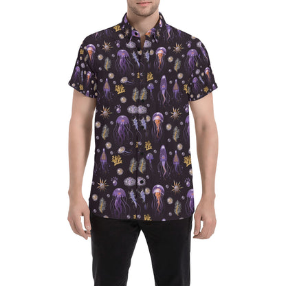 Seaweed With Jelly Fish Print Design LKS305 Men Short Sleeve Button Up Shirt