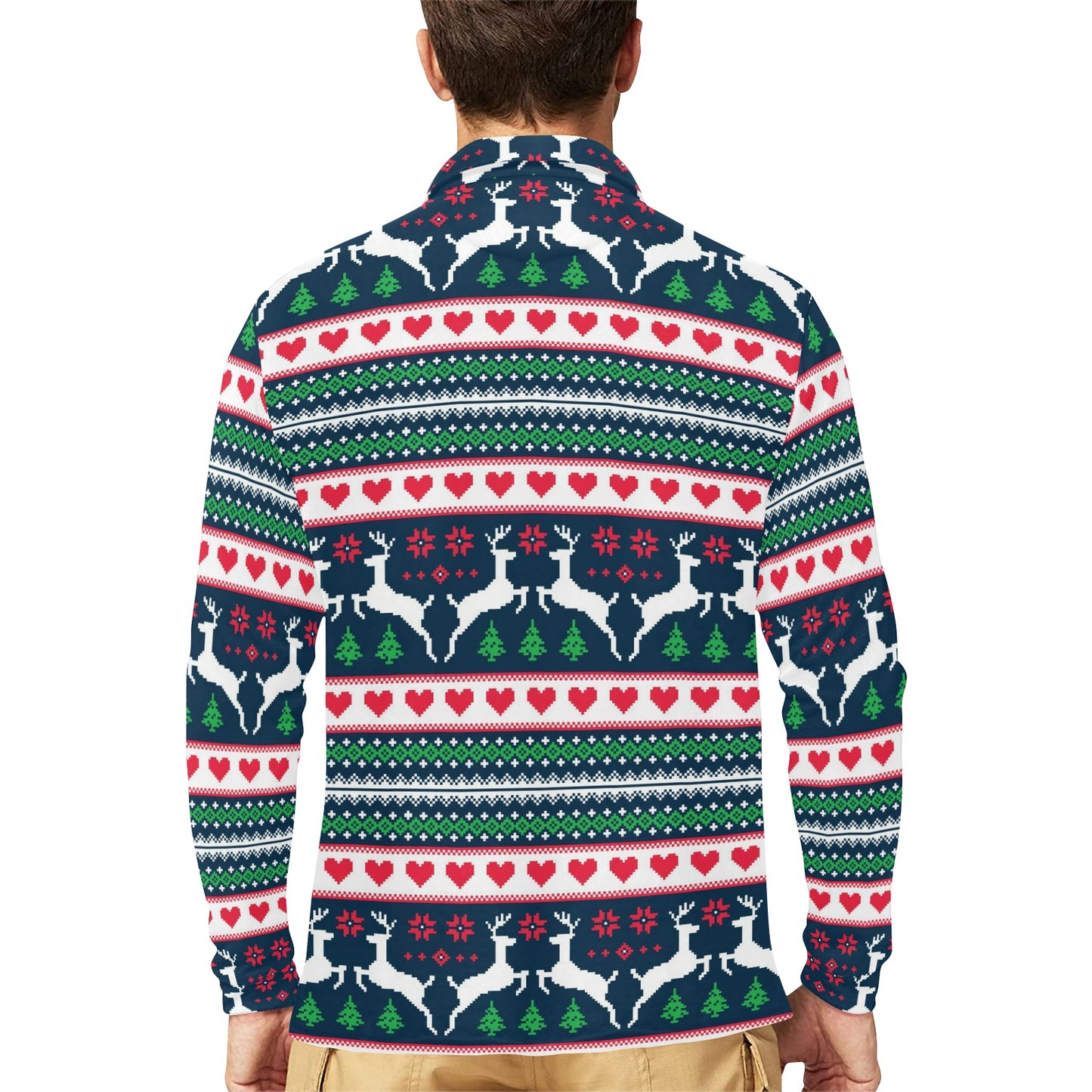 Reindeer Pattern Print Design 03 Long Sleeve Polo Shirt For Men's