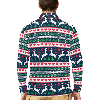 Reindeer Pattern Print Design 03 Long Sleeve Polo Shirt For Men's