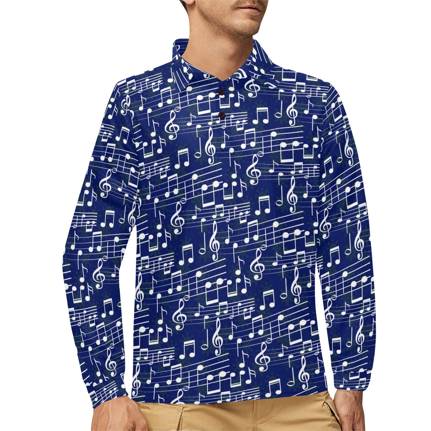 Music Note Blue Themed Print Long Sleeve Polo Shirt For Men's