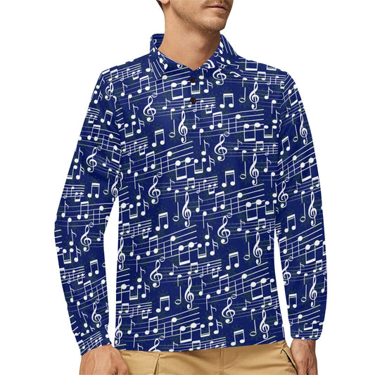 Music Note Blue Themed Print Long Sleeve Polo Shirt For Men's