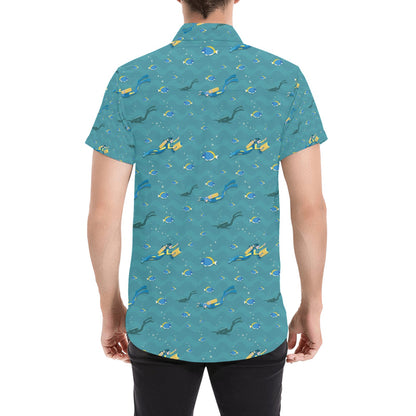 Scuba Driving Pattern Print Design LKS306 Men Short Sleeve Button Up Shirt