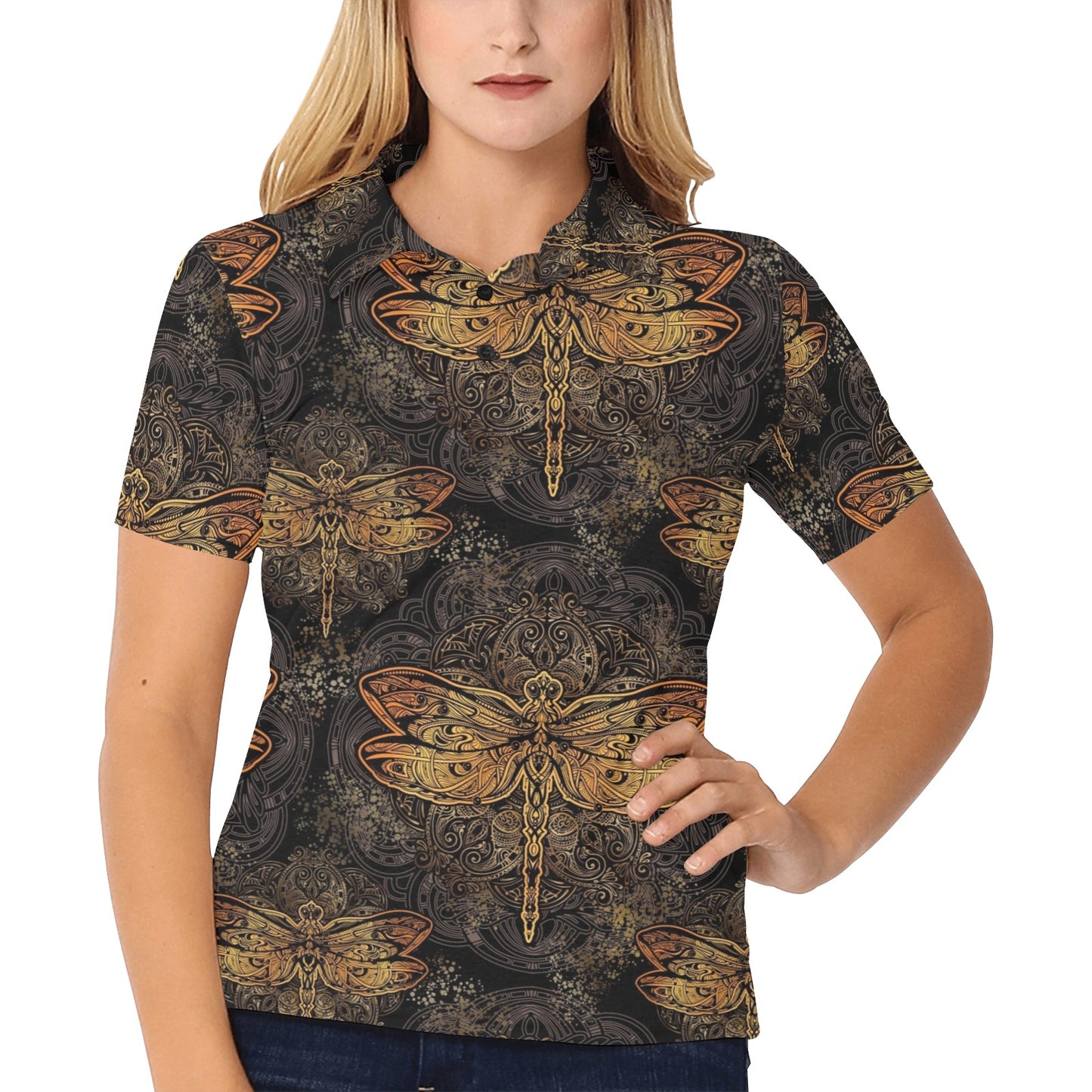 Gold Dragonfly Mandala Women's Polo Shirt