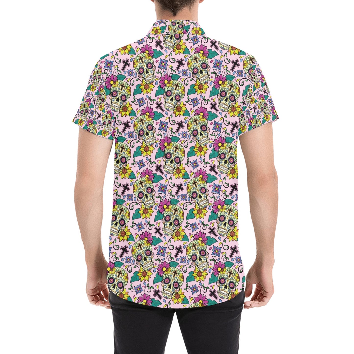 Sugar Skull Print Design LKS307 Men Short Sleeve Button Up Shirt