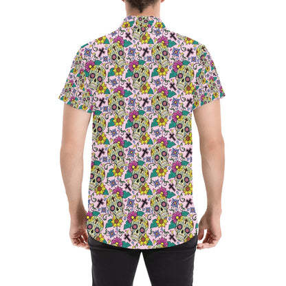 Sugar Skull Print Design LKS307 Men Short Sleeve Button Up Shirt
